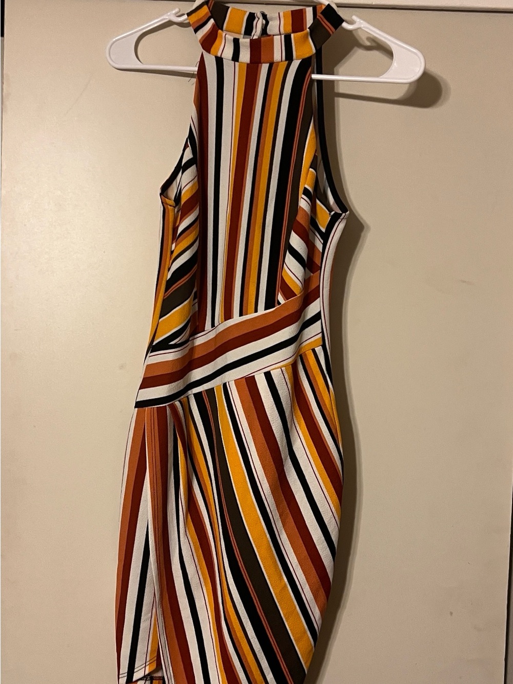 Fashion Nova Mustard Multi Striped Asymmetrical Midi Dress